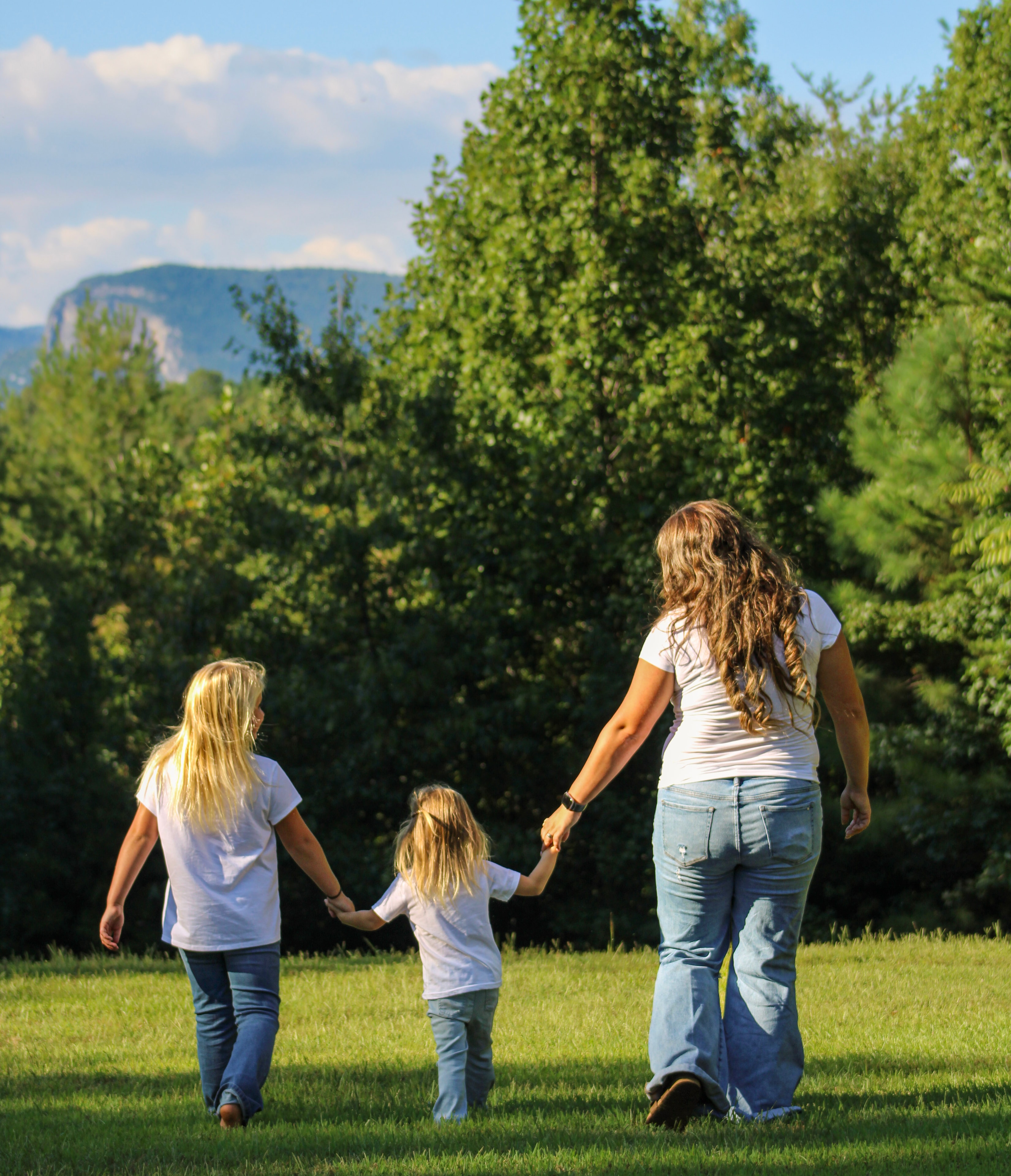 Woman and two children walking through a mountain meadow